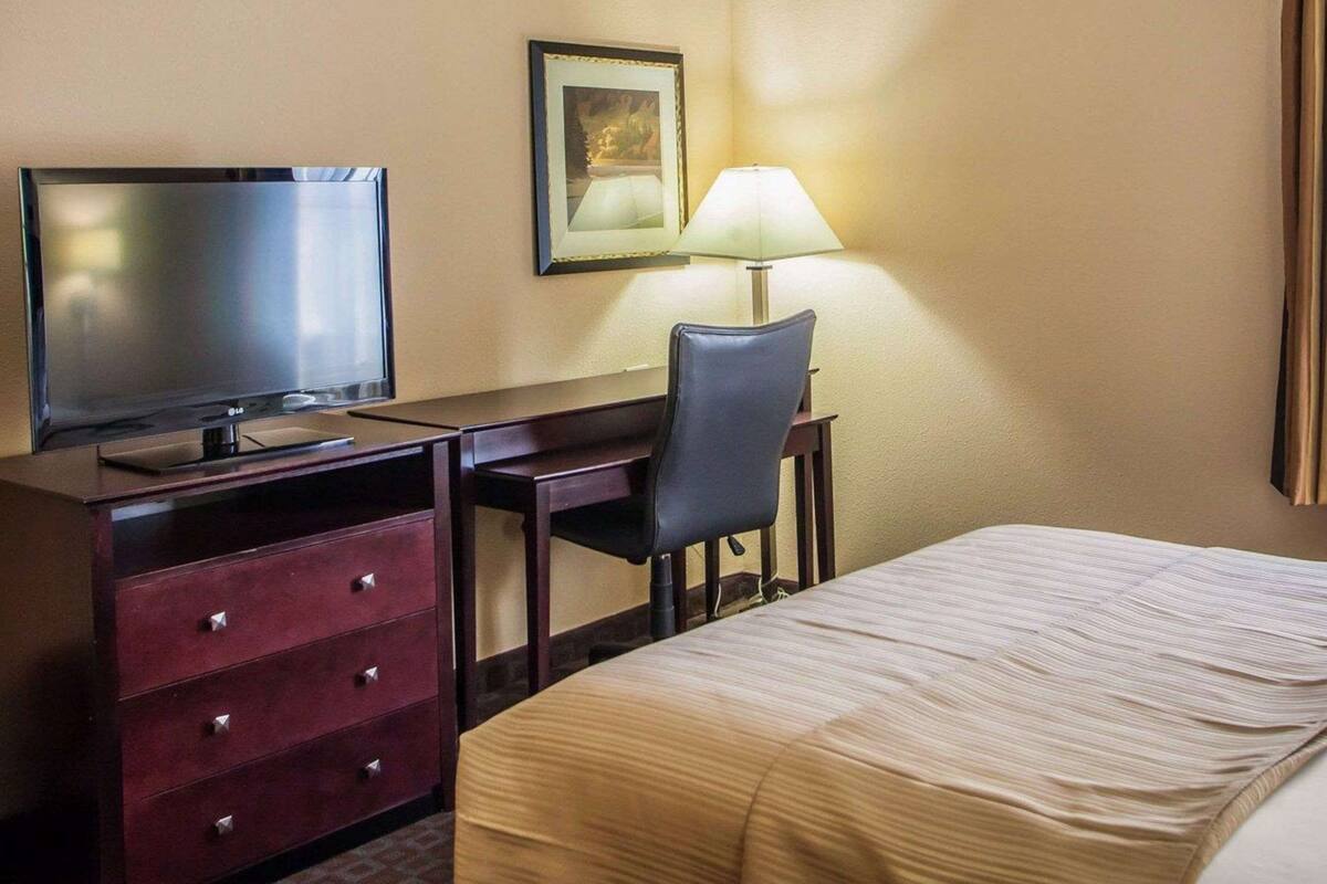 Una habitación de hotel con una cama, un escritorio con televisor, una silla, una lámpara y un cuadro en la pared.