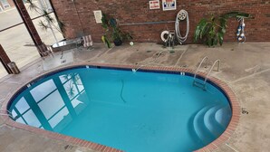 A swimming pool with a brick border, a metal ladder, and a tiled floor. - Blue Ribbon Inn and Suites (Sallisaw)