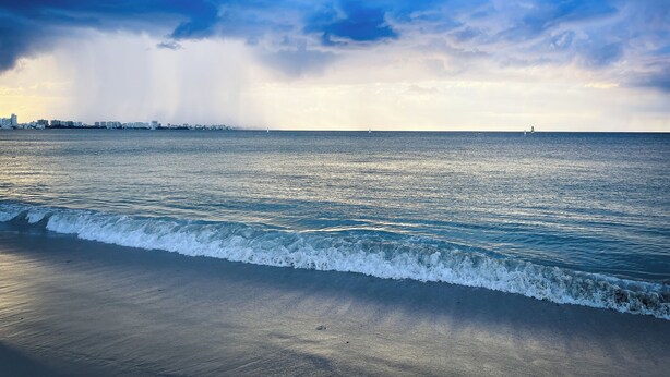 A coastal view with a beach, ocean, and distant city skyline under a cloudy sky.