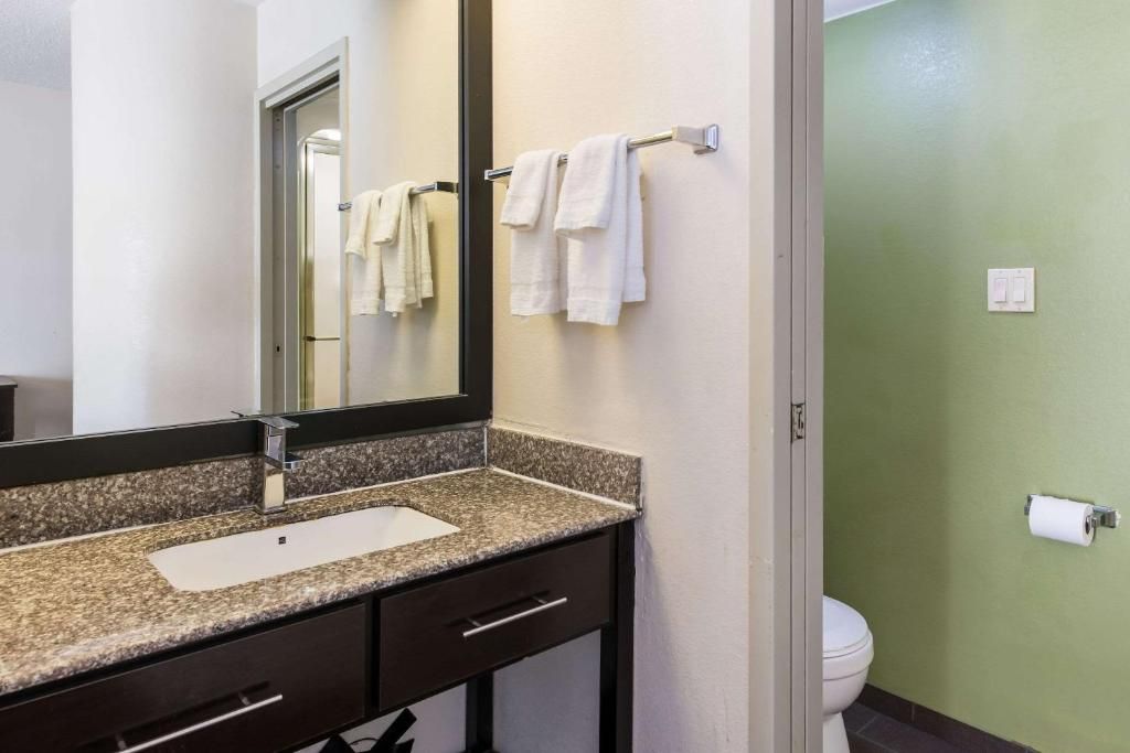 Un baño con lavamanos de granito, un espejo, un perchero y un inodoro.