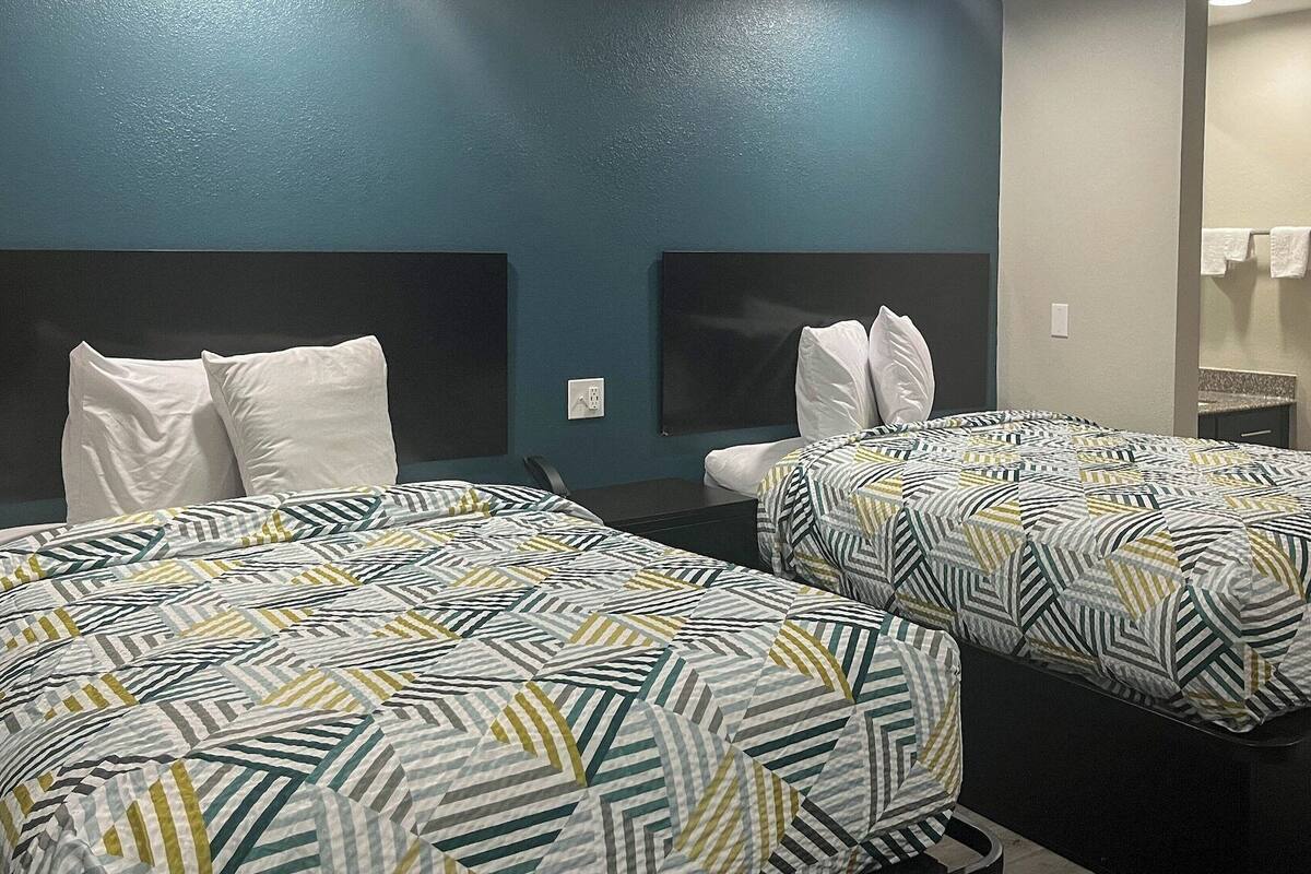 Two single beds with patterned bedding, a dark headboard, and a small bedside table with a lamp.