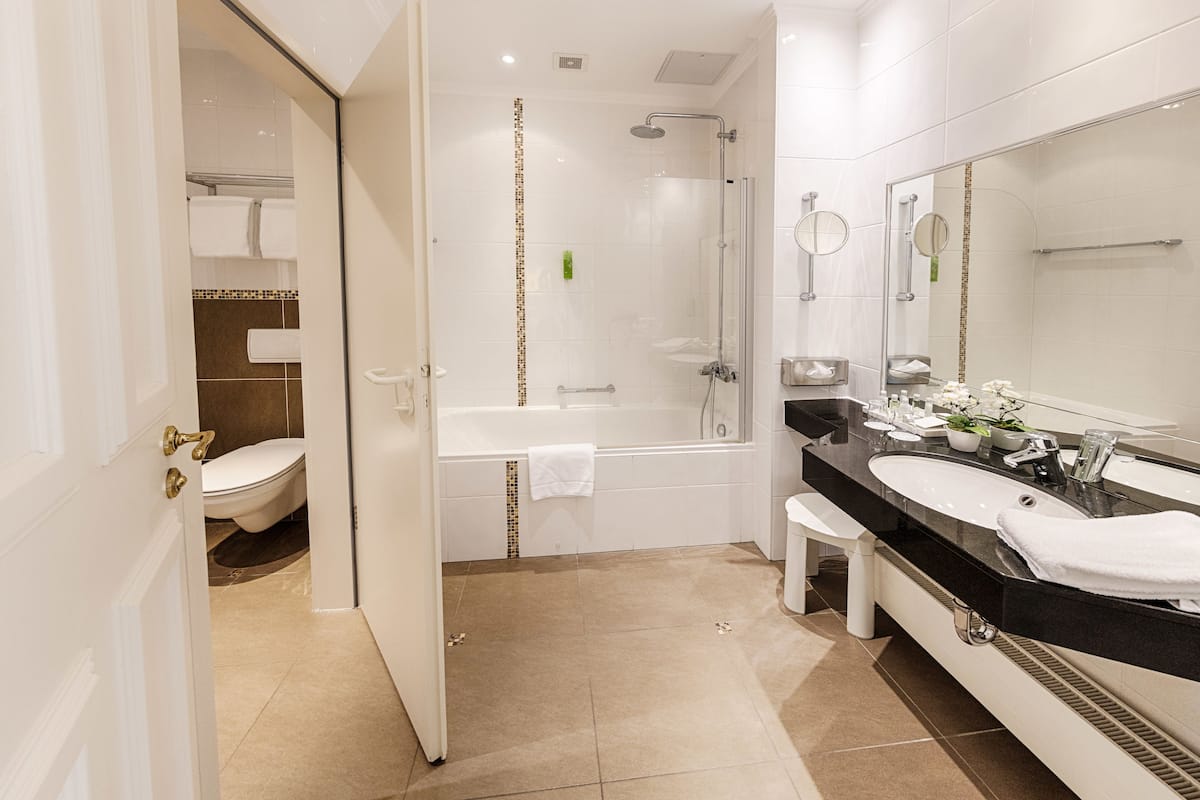 hair dryer, towels, soap, shampoo