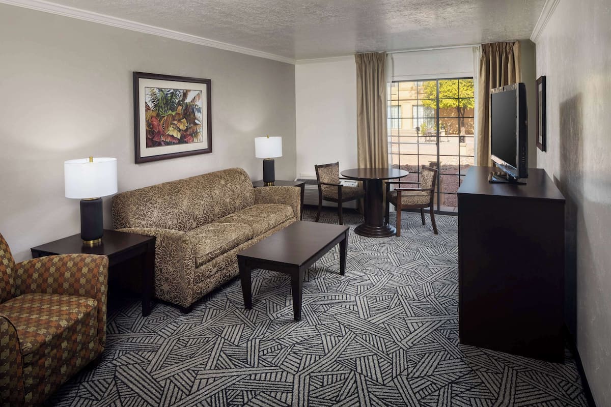 A hotel room with a patterned carpet, a sofa, a chair, a small table, a lamp, a TV, and a window with curtains.