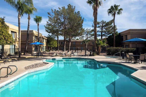 Outdoor pool, pool umbrellas, pool loungers