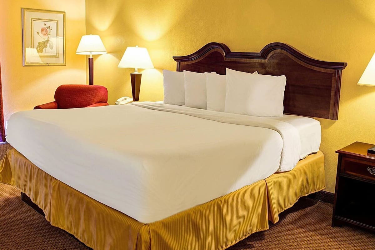 Une chambre d’hôtel avec un grand lit, des lampes de chevet, un téléphone et un tableau encadré au mur.