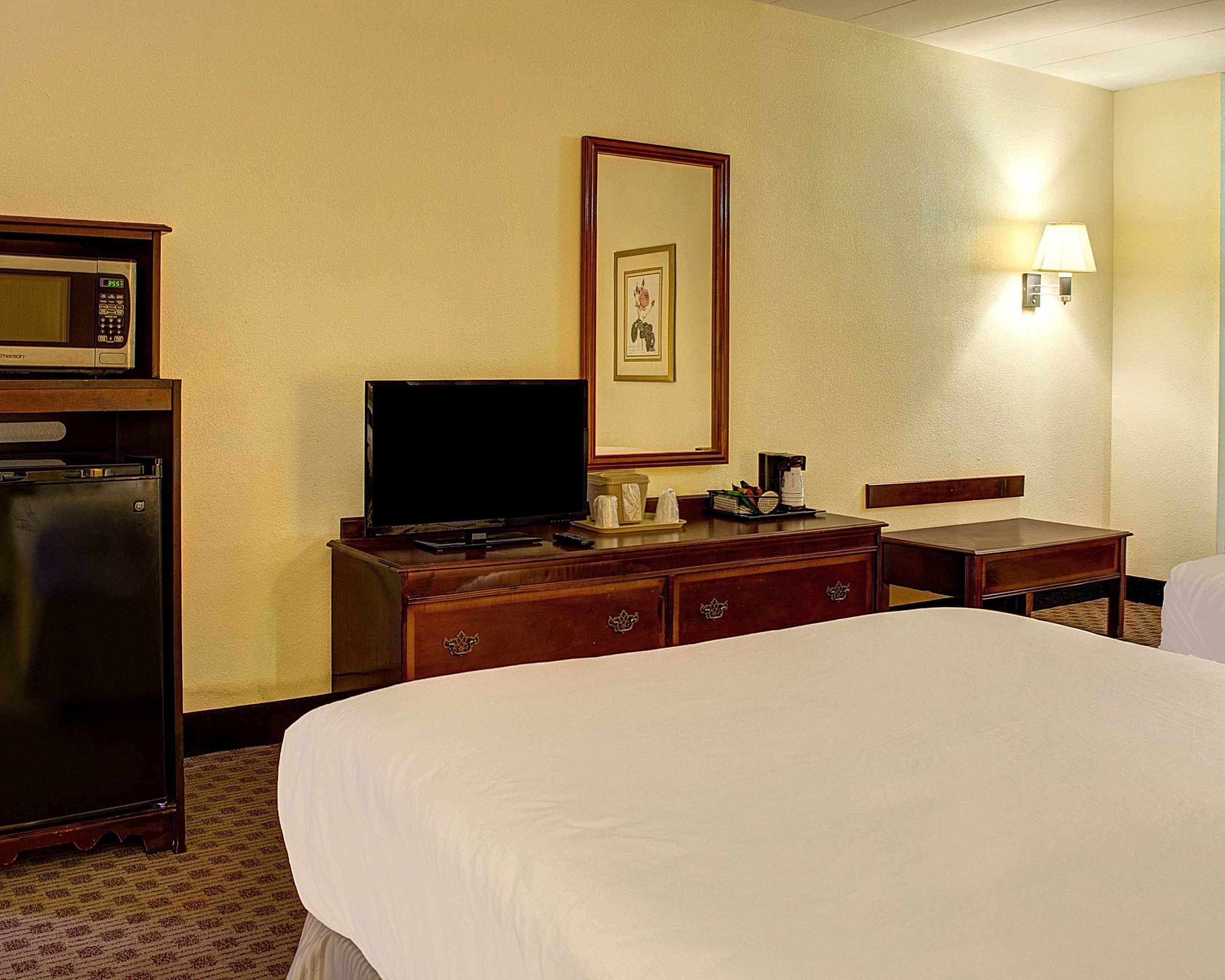 Habitación de hotel con una cama, un televisor sobre un aparador de madera, un microondas, un refrigerador, una mesita de noche con lámpara y un cuadro en la pared.