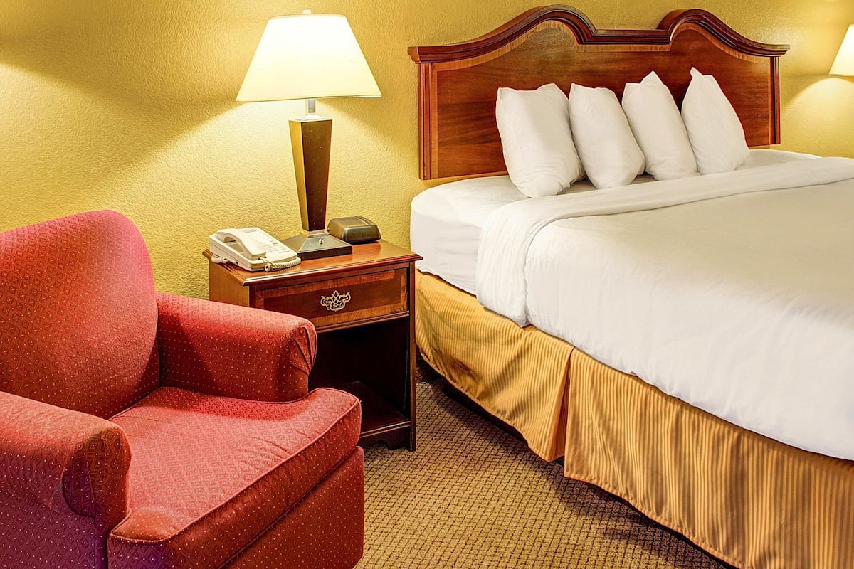 Une chambre d’hôtel avec un lit, un fauteuil rouge, une table de chevet avec une lampe, un téléphone et une petite table.