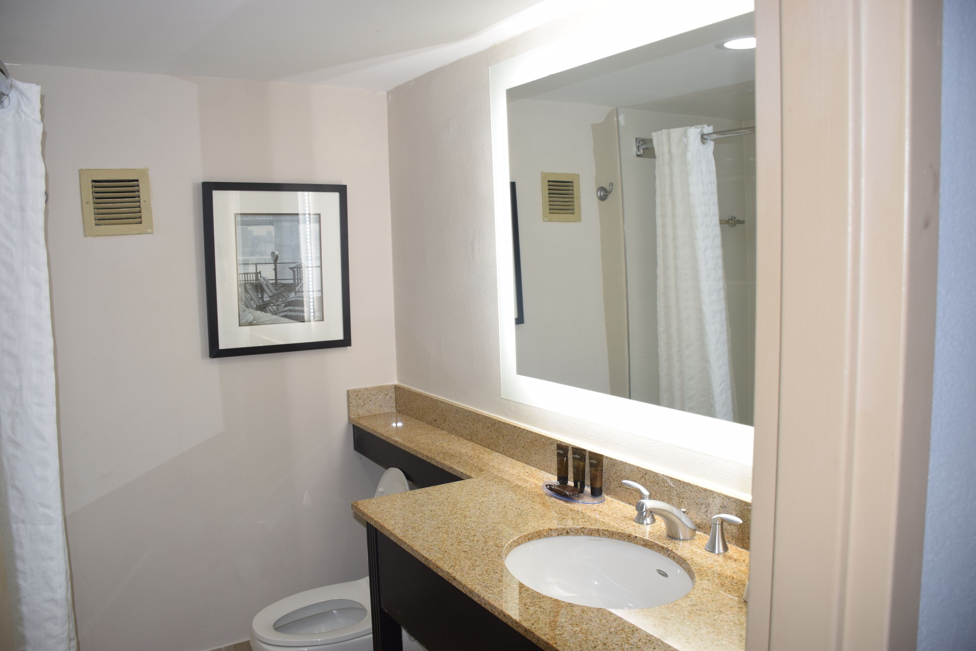 A bathroom with a sink, mirror, and framed picture on the wall.