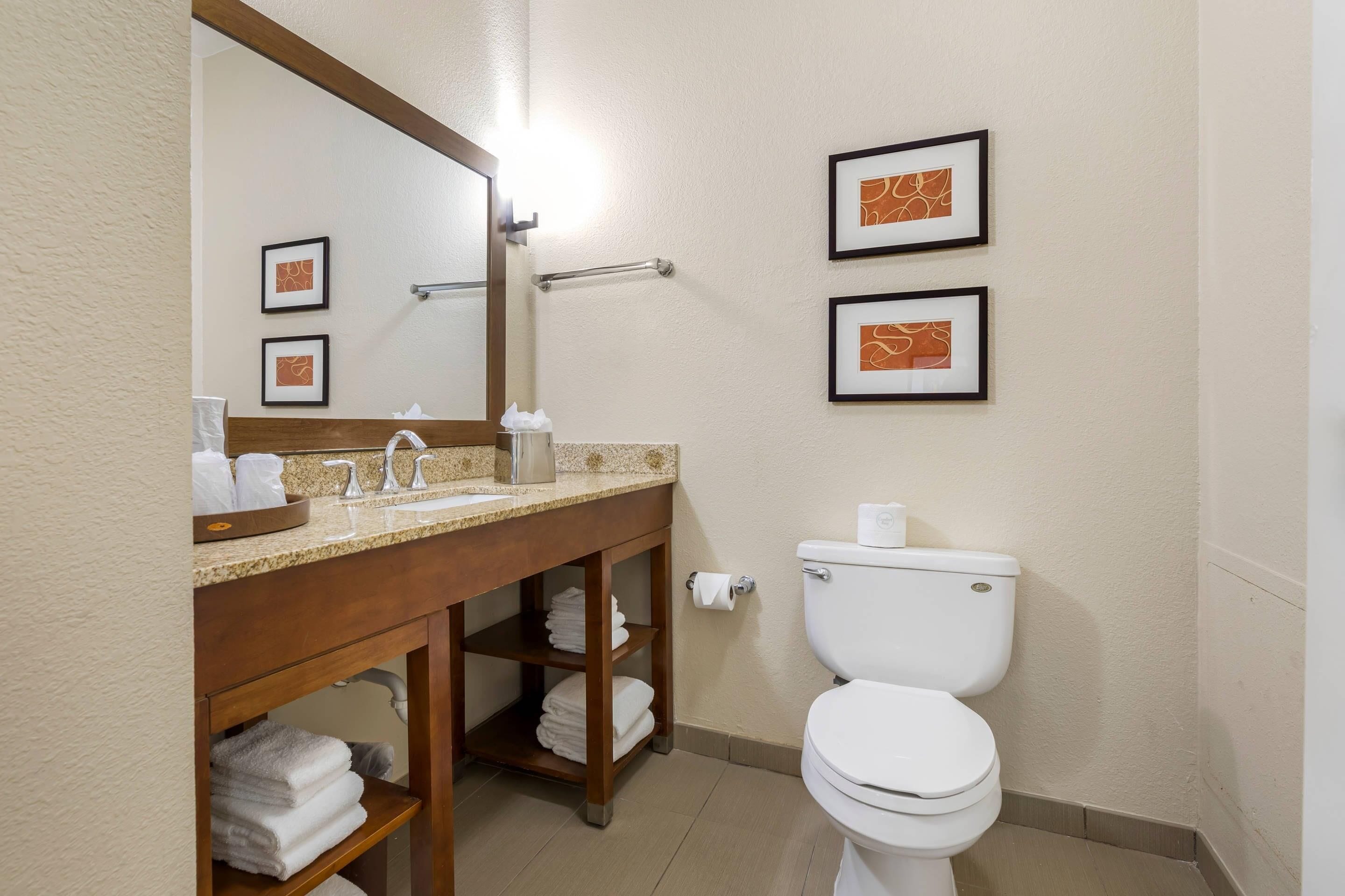 A bathroom with a wooden vanity, a toilet, and framed artwork on the wall.