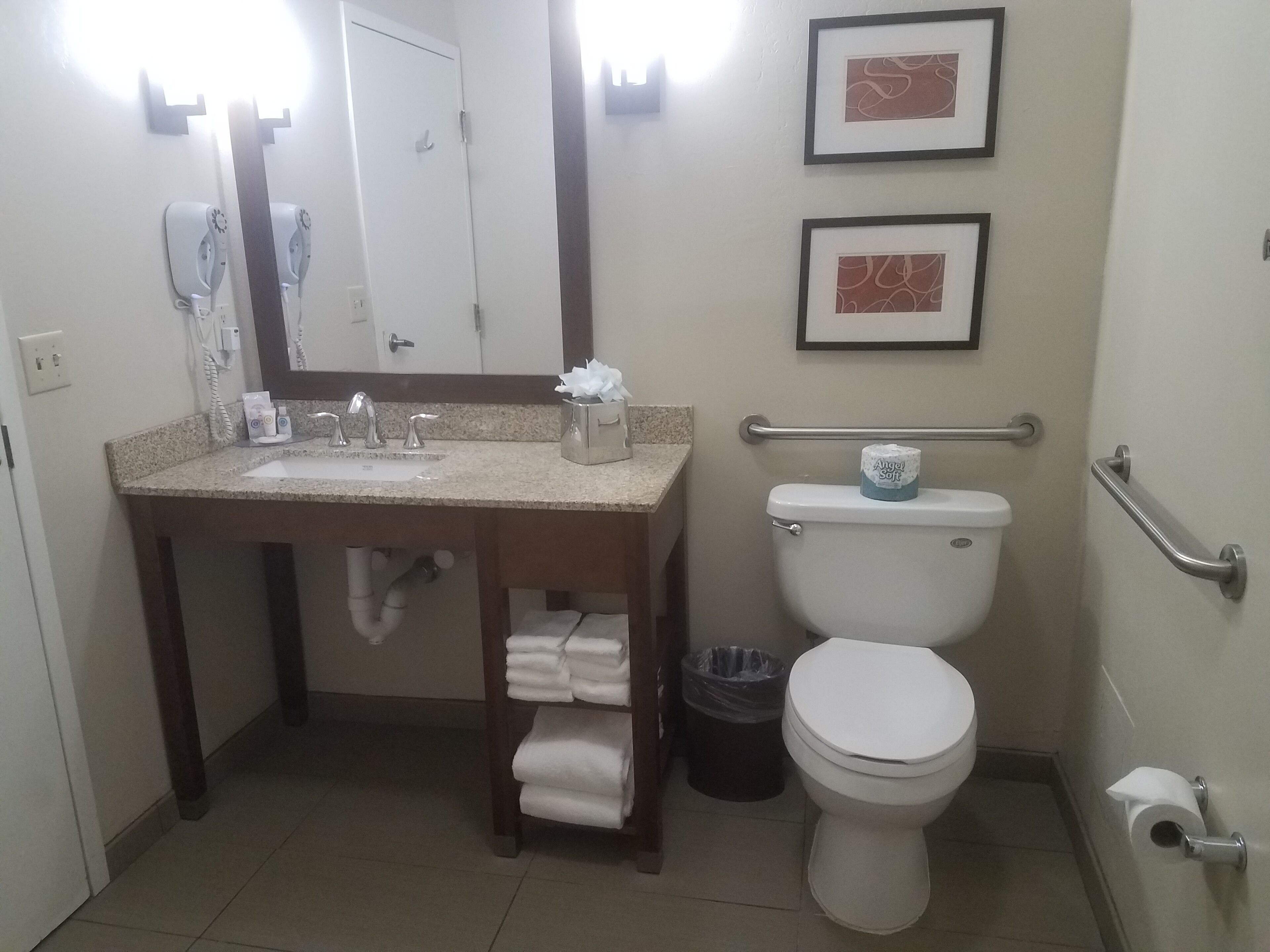 A bathroom with a sink, mirror, toilet, and handrails.