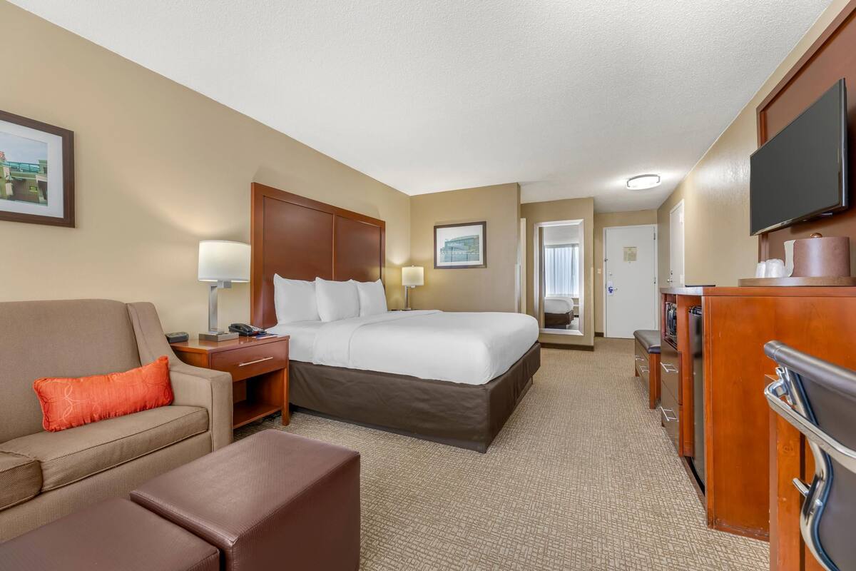 A hotel room with a bed, a desk, a chair, a sofa, and a television.