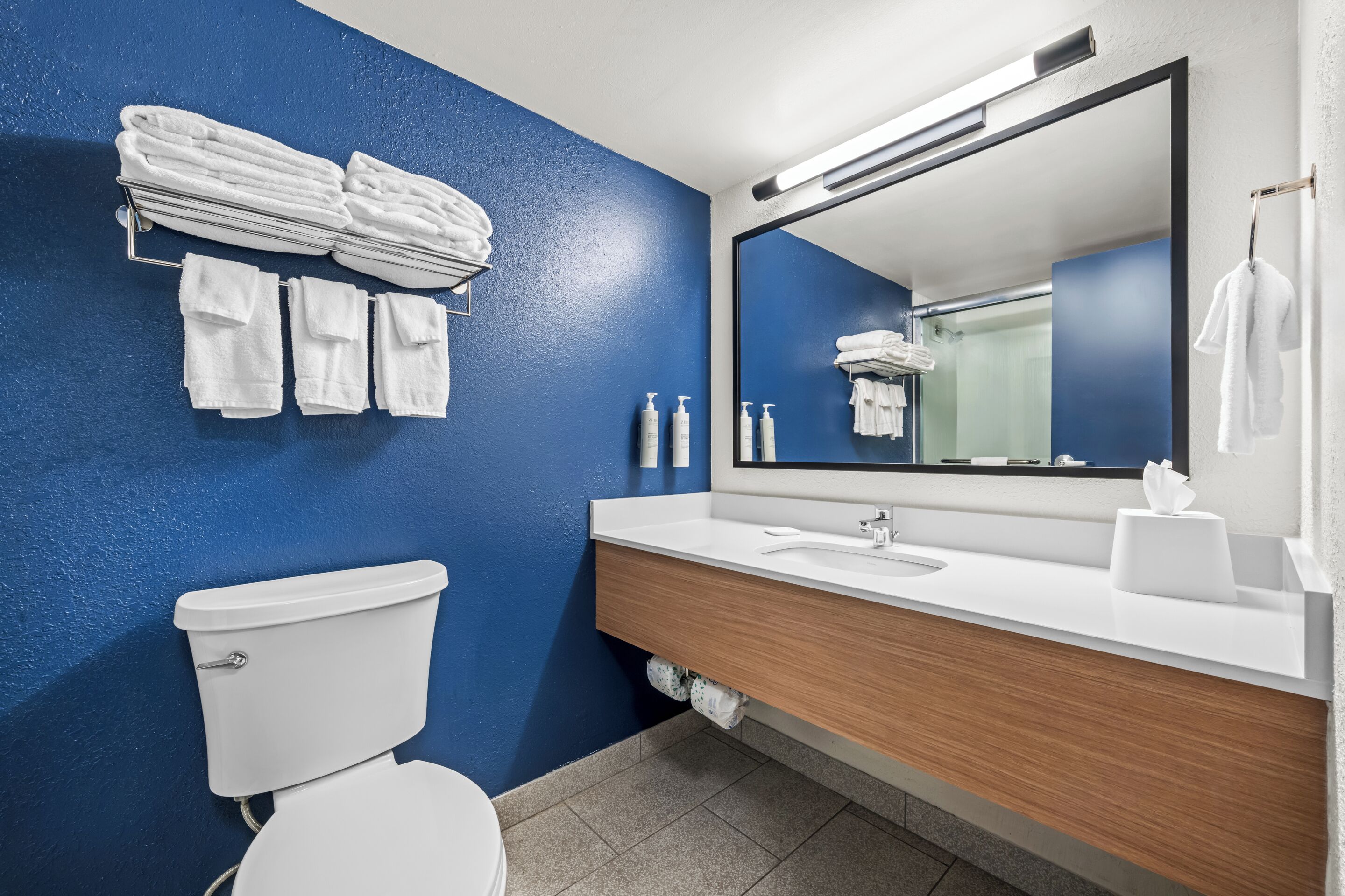 Combined shower/bathtub, free toiletries, hair dryer, towels