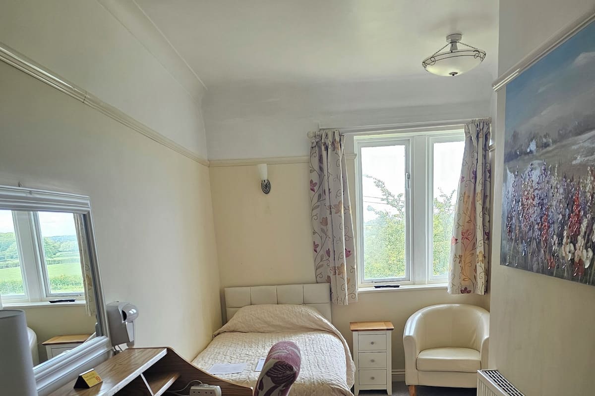 A bedroom with a bed, a desk, a chair, a radiator, a window with curtains, and a painting on the wall.