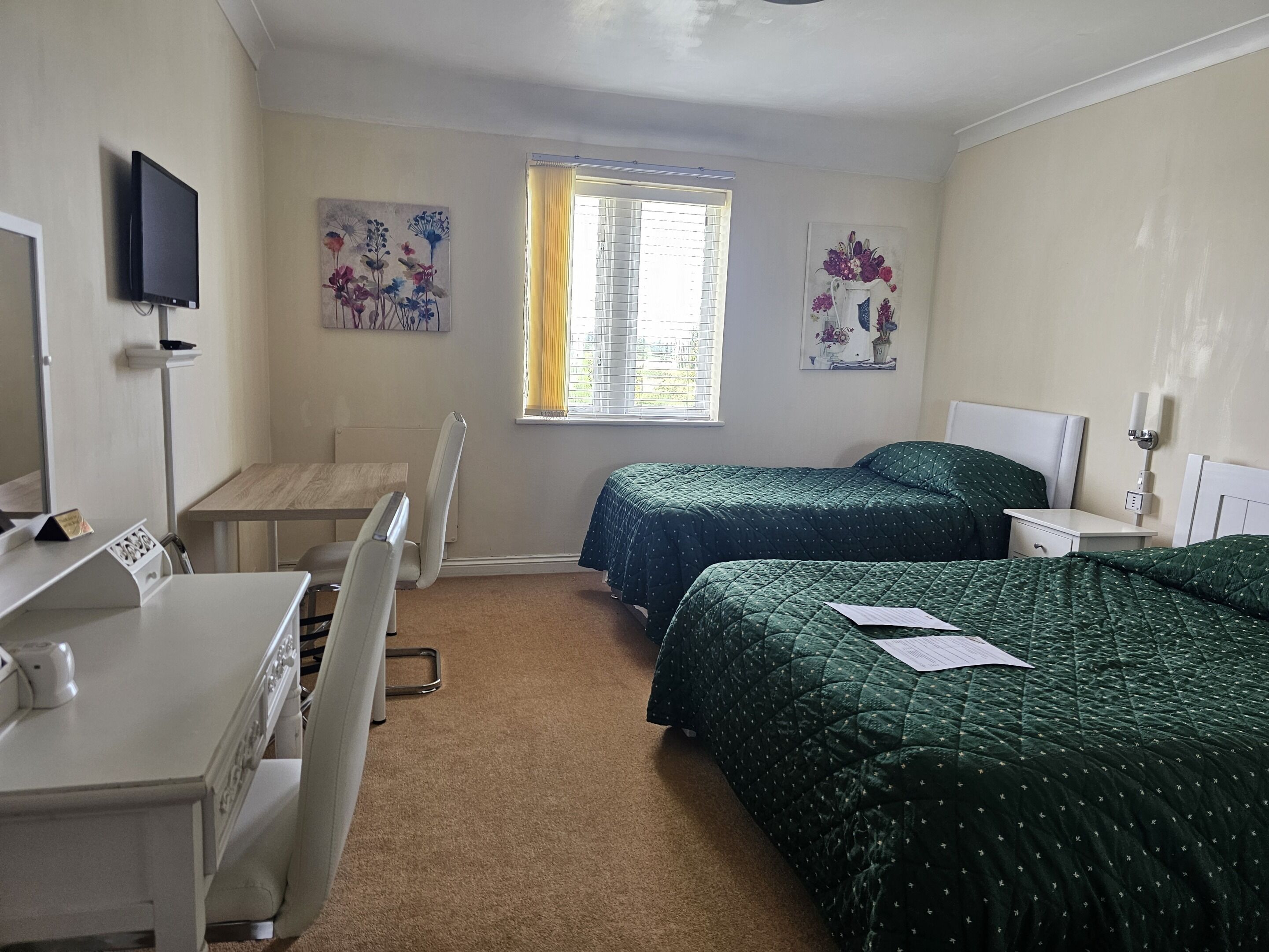 A bedroom with two beds, a desk, a chair, a TV, and artwork on the walls.