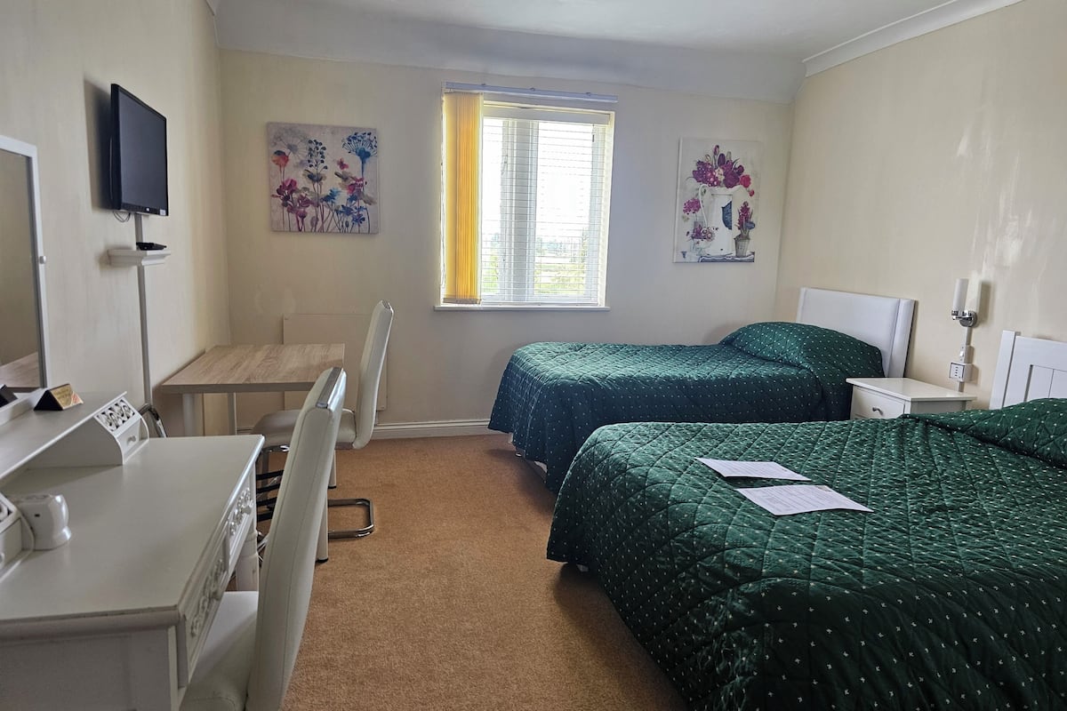 A bedroom with two beds, a desk, a chair, a TV, and artwork on the walls.