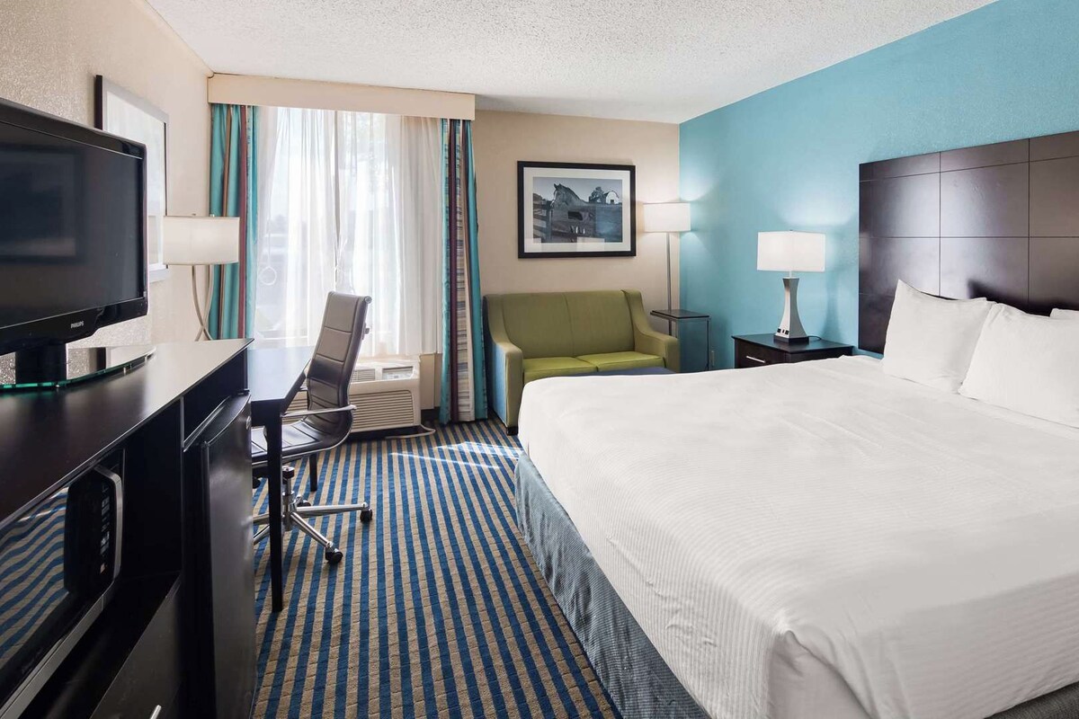 A hotel room with a bed, a desk with a television, a chair, a nightstand with a lamp, and a picture on the wall.