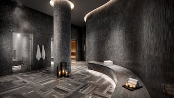 Salas de tratamiento para parejas, un sauna, baño turco