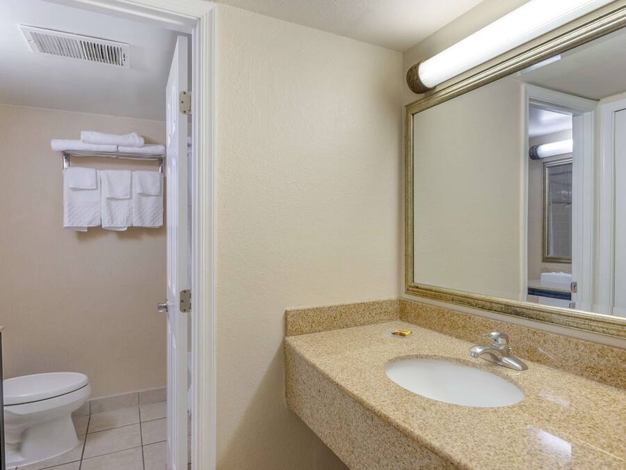 Un baño con inodoro blanco, lavamanos con encimera de granito y espejo con marco dorado.