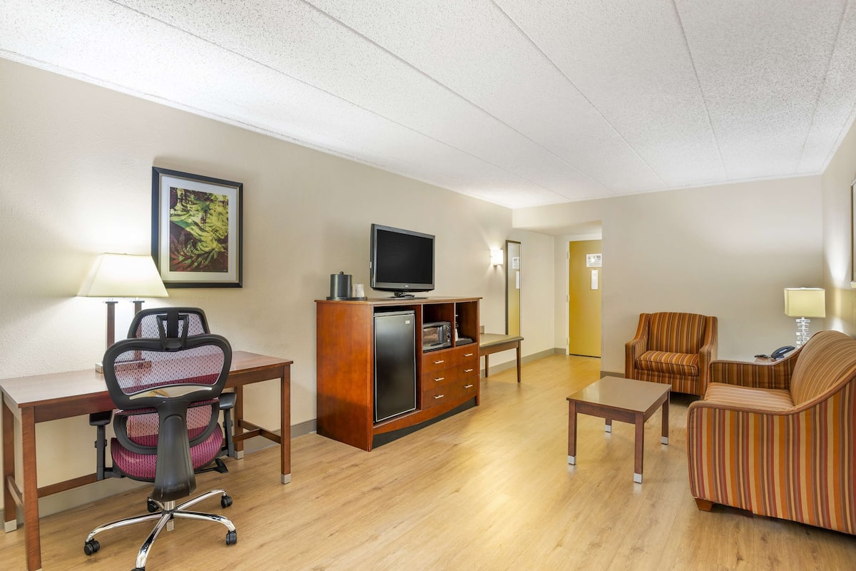 A hotel room with a desk, office chair, sofa, TV, and a small cabinet.