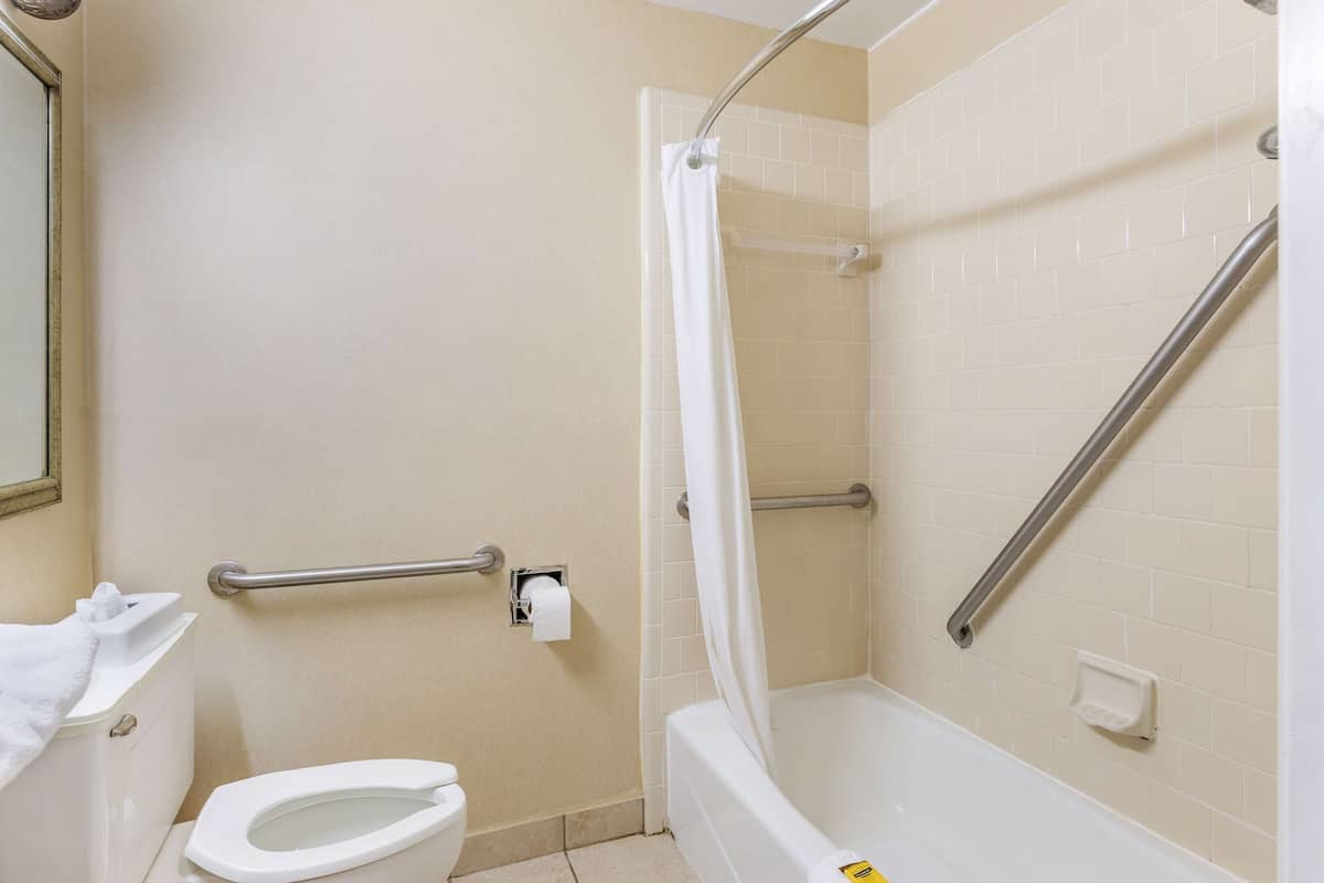 A bathroom with a toilet, a shower with a grab bar, and a bathtub.