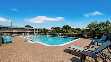 Sæsonbestemt udendørs pool, åben fra kl. 09.00 til kl. 21.00, parasoller