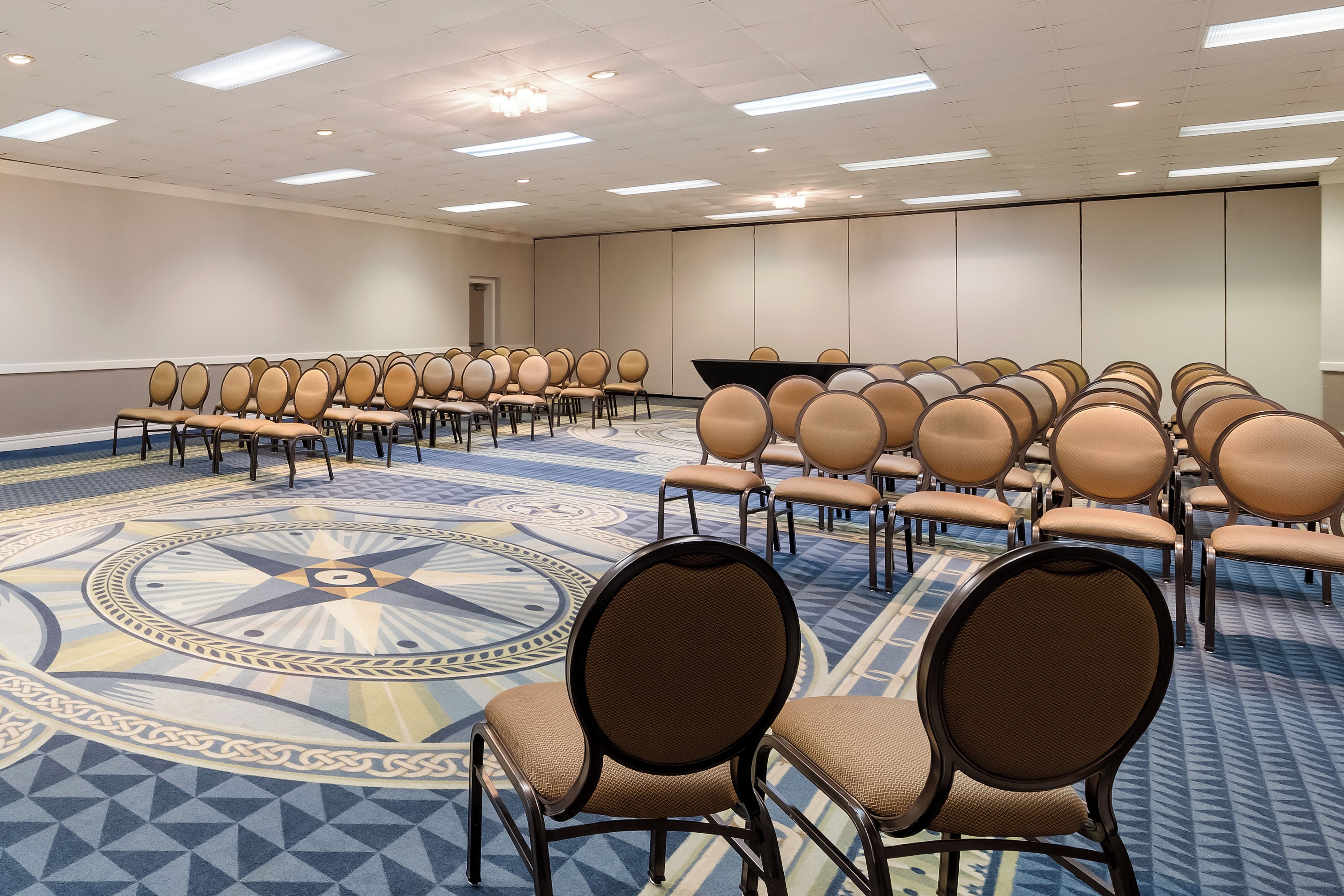 Un salón de conferencias con filas de sillas, una alfombra estampada y una amplia mesa de reuniones.