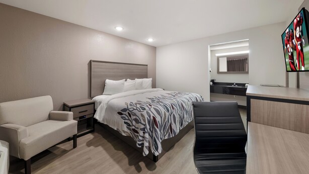 A modern hotel room with a bed, a desk, a chair, a sofa, and a TV.