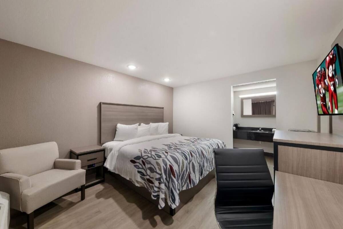 A hotel room with a bed, a desk, a chair, a sofa, and a TV.