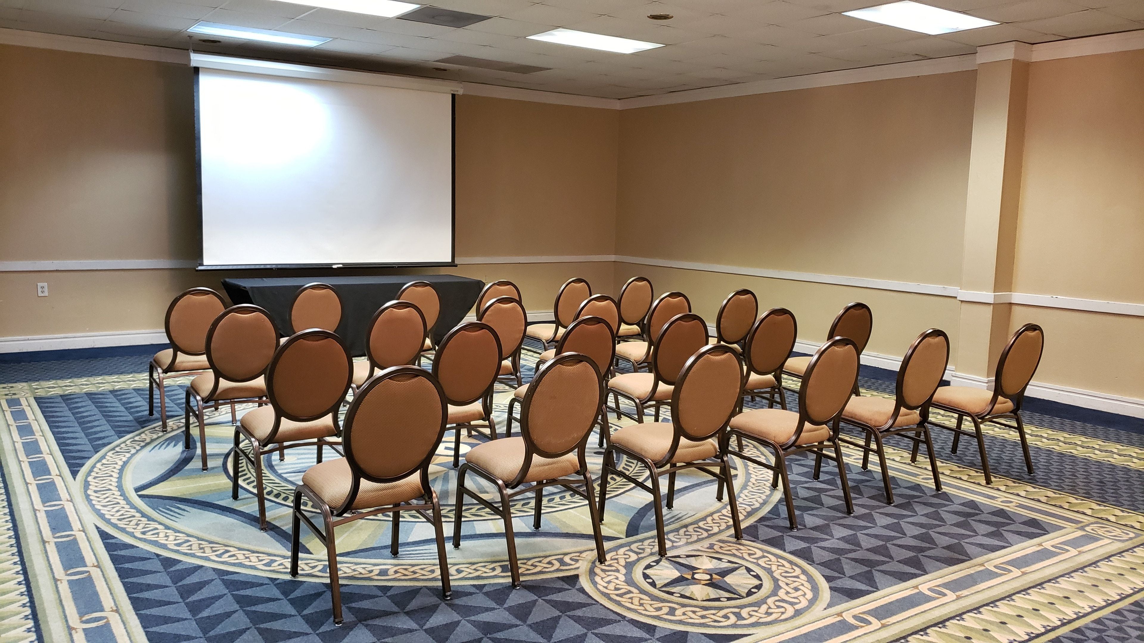 Un salón de conferencias con filas de sillas, una pantalla de proyector y alfombra estampada.