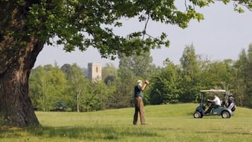 En golfbane med et stort træ og en golfbil i baggrunden.