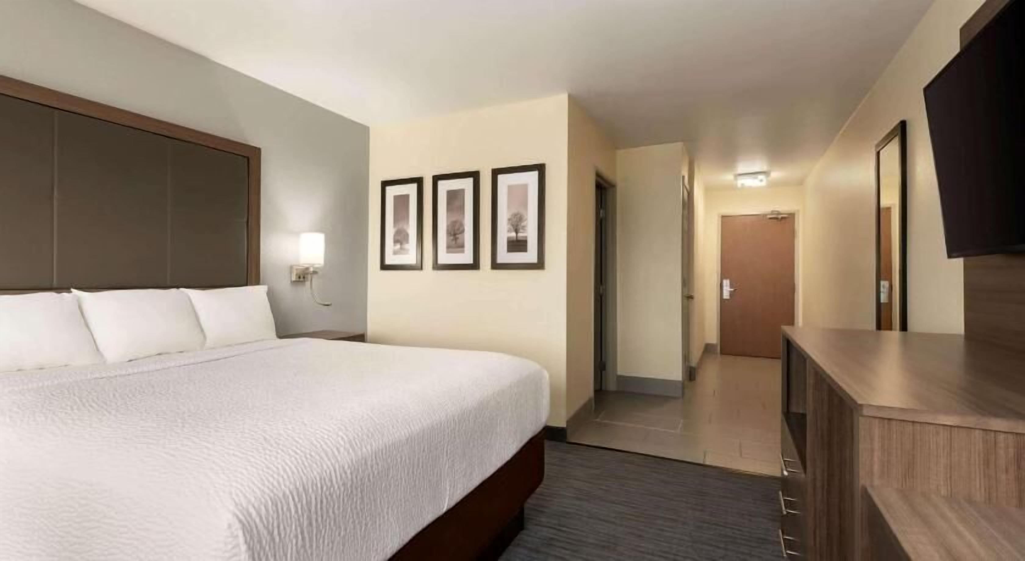 Premium bedding, pillow-top beds, desk, laptop workspace