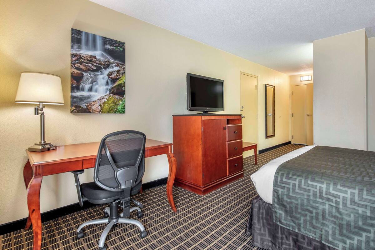 A hotel room with a bed, desk, chair, TV, and a painting of a waterfall.
