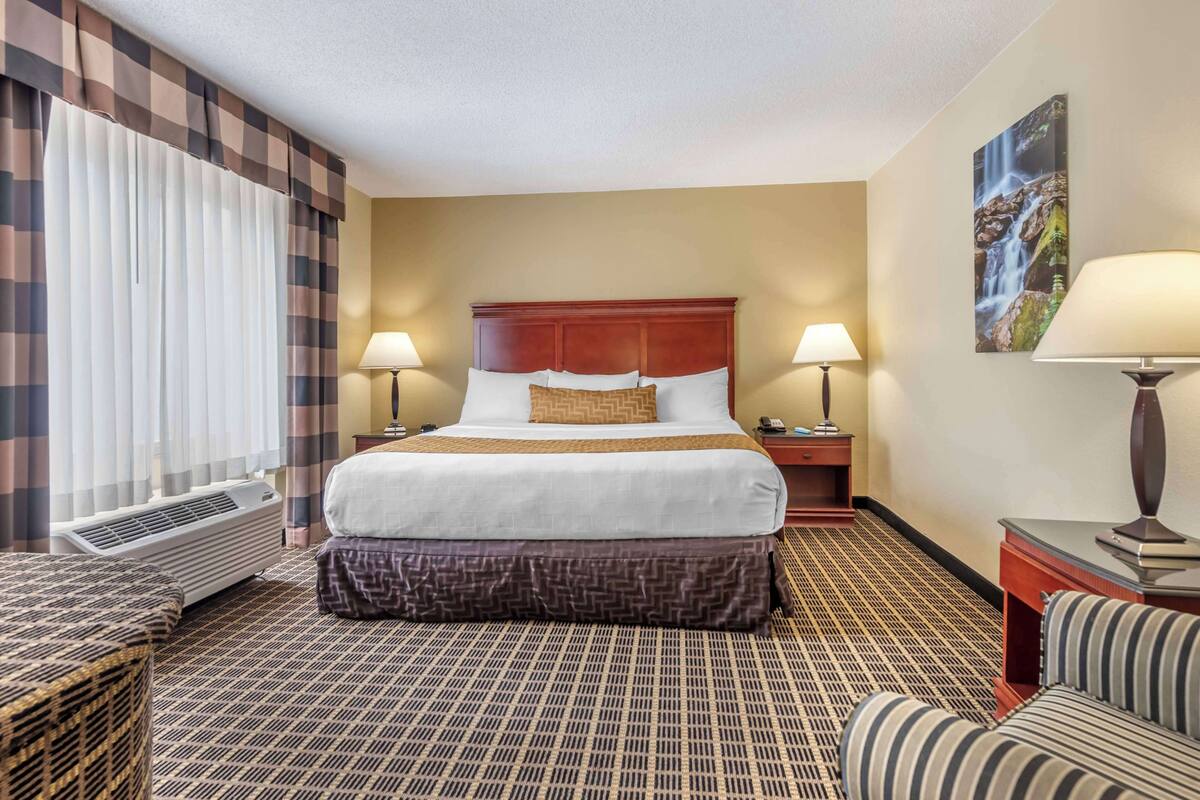A hotel room with a large bed, two bedside tables with lamps, a wall-mounted TV, and a patterned carpet.