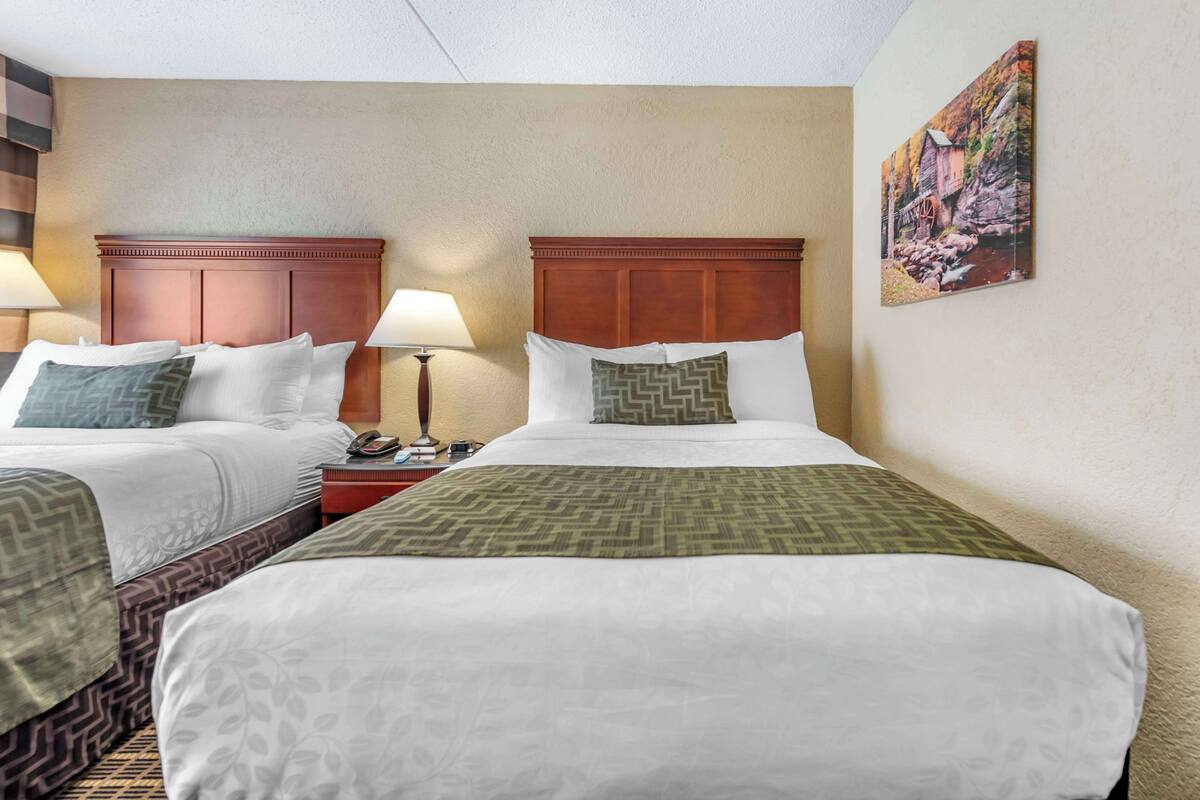 A hotel room with two beds, a nightstand, a lamp, and a painting on the wall.