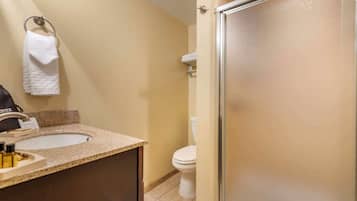 Un baño con lavamanos, inodoro y ducha.