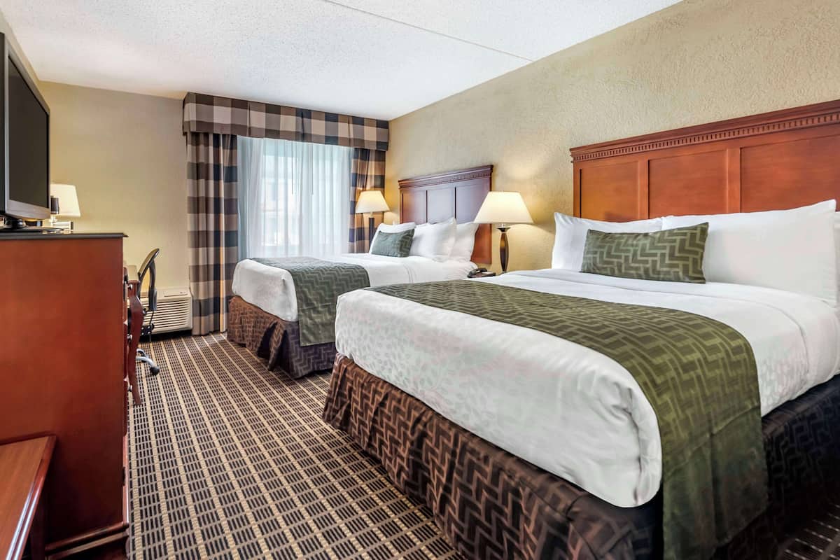 A hotel room with two beds, a TV, a desk, and a patterned carpet.