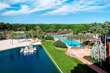Hotel room view looking out at Walt Disney World Dolphin