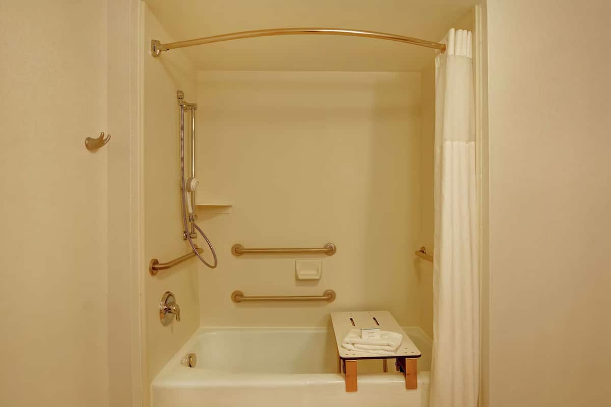 combined shower/bathtub, free toiletries, hair dryer, towels