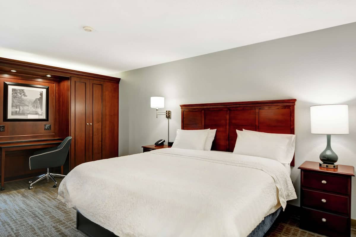 A hotel room with a large bed, a desk with a chair, a nightstand with a lamp, and a framed picture on the wall.