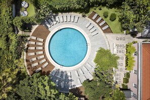 Seasonal outdoor pool, pool umbrellas, pool loungers