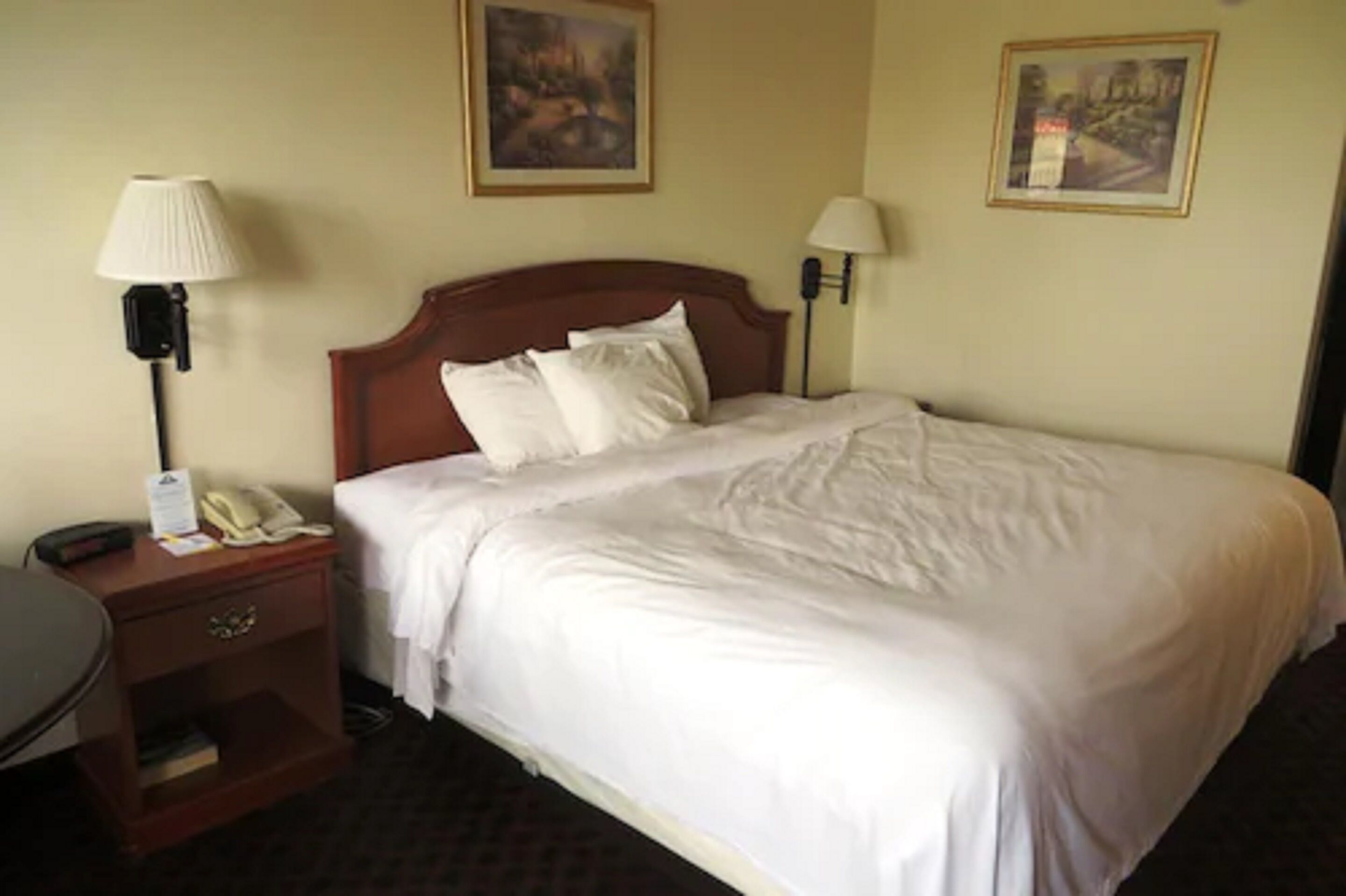 A hotel room with a single bed, a bedside table with a lamp, a phone, and a small drawer.