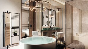 Ein modernes Badezimmer mit einer großen Badewanne, einem runden Spiegel und einem Holzbadezimmer-Möbel