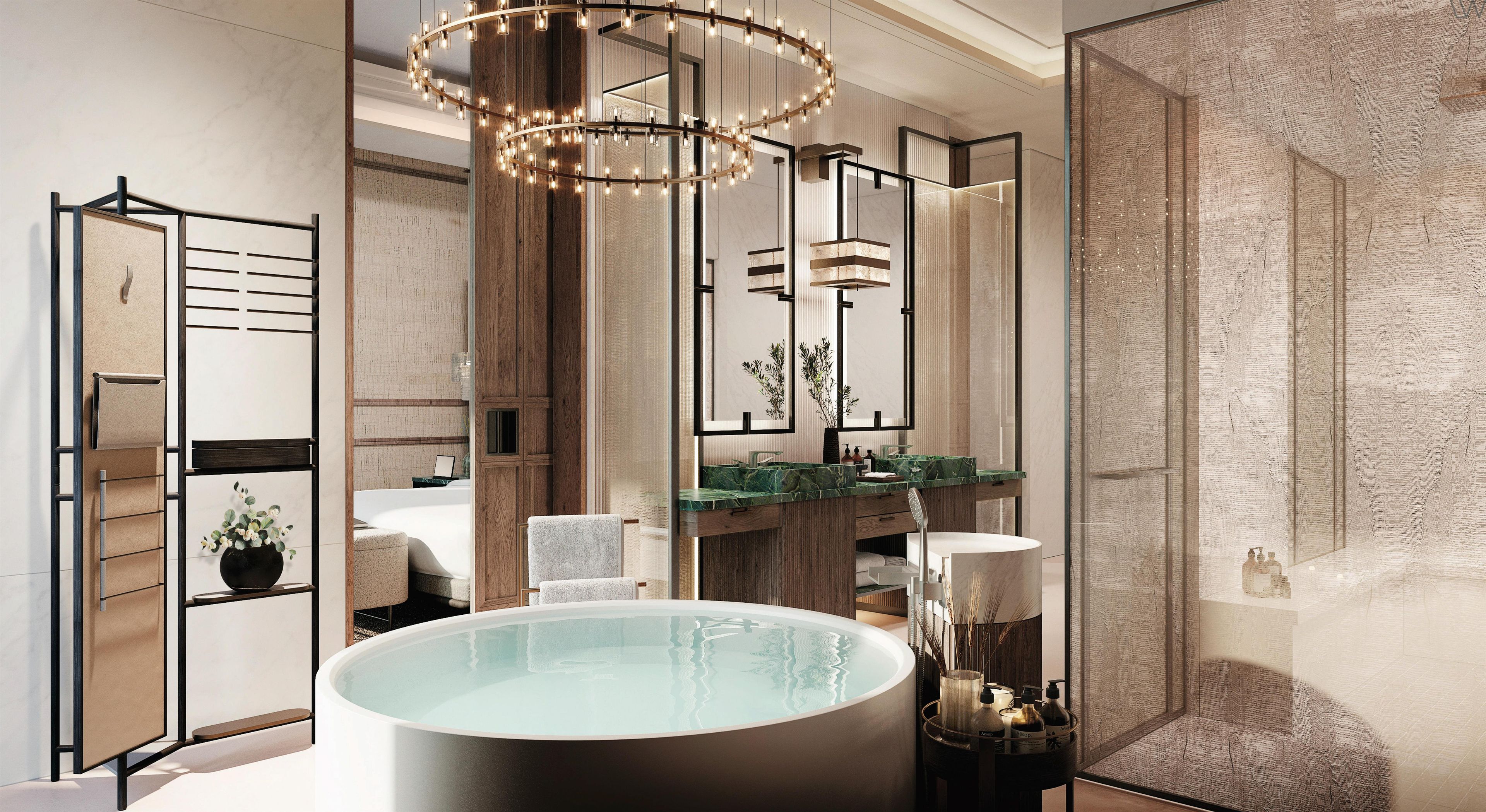 A modern bathroom with a freestanding bathtub, a large mirror, and a chandelier.