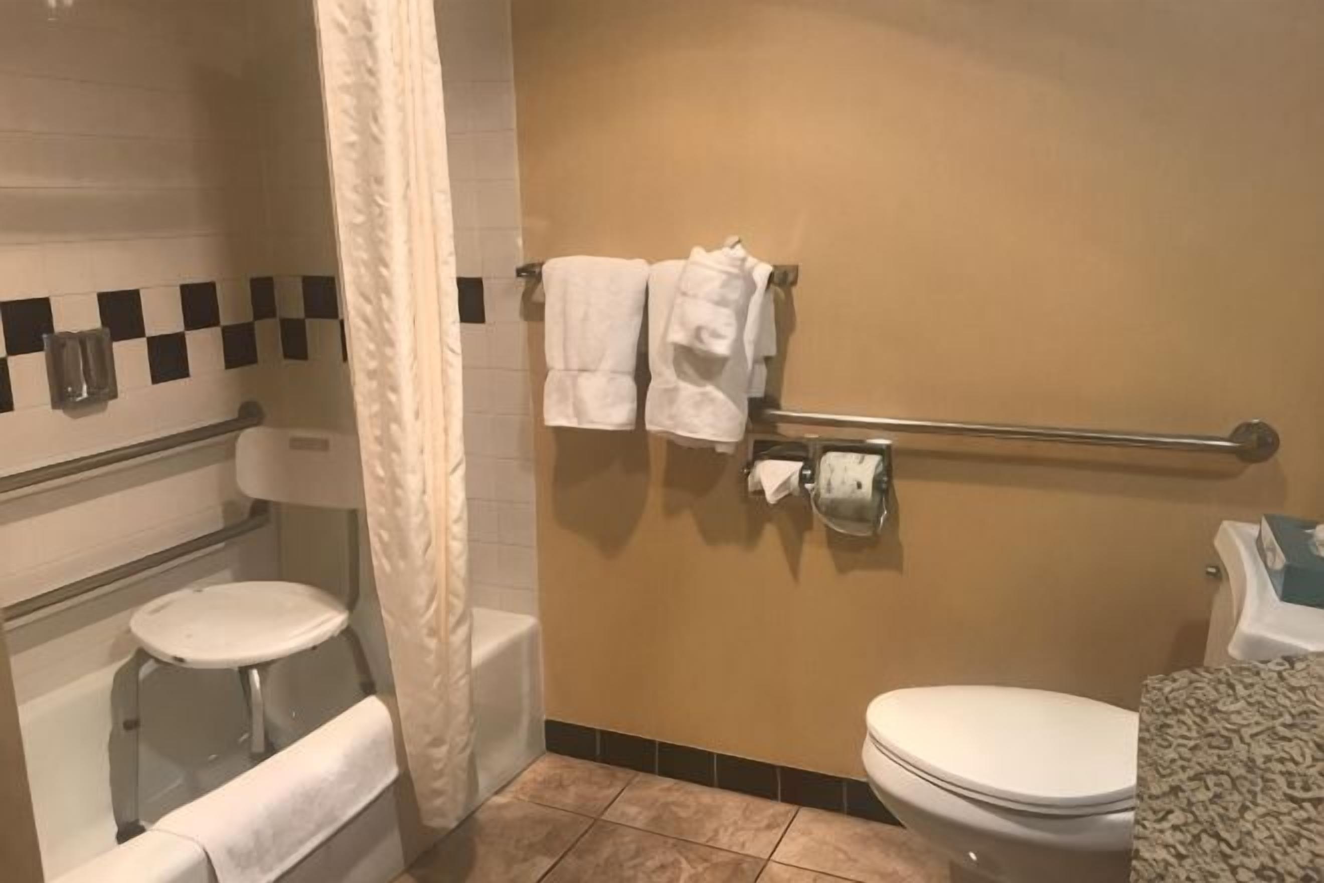 A bathroom with a toilet, a shower, and a bathtub. There are towels hanging on a rack and a hand dryer on the wall.