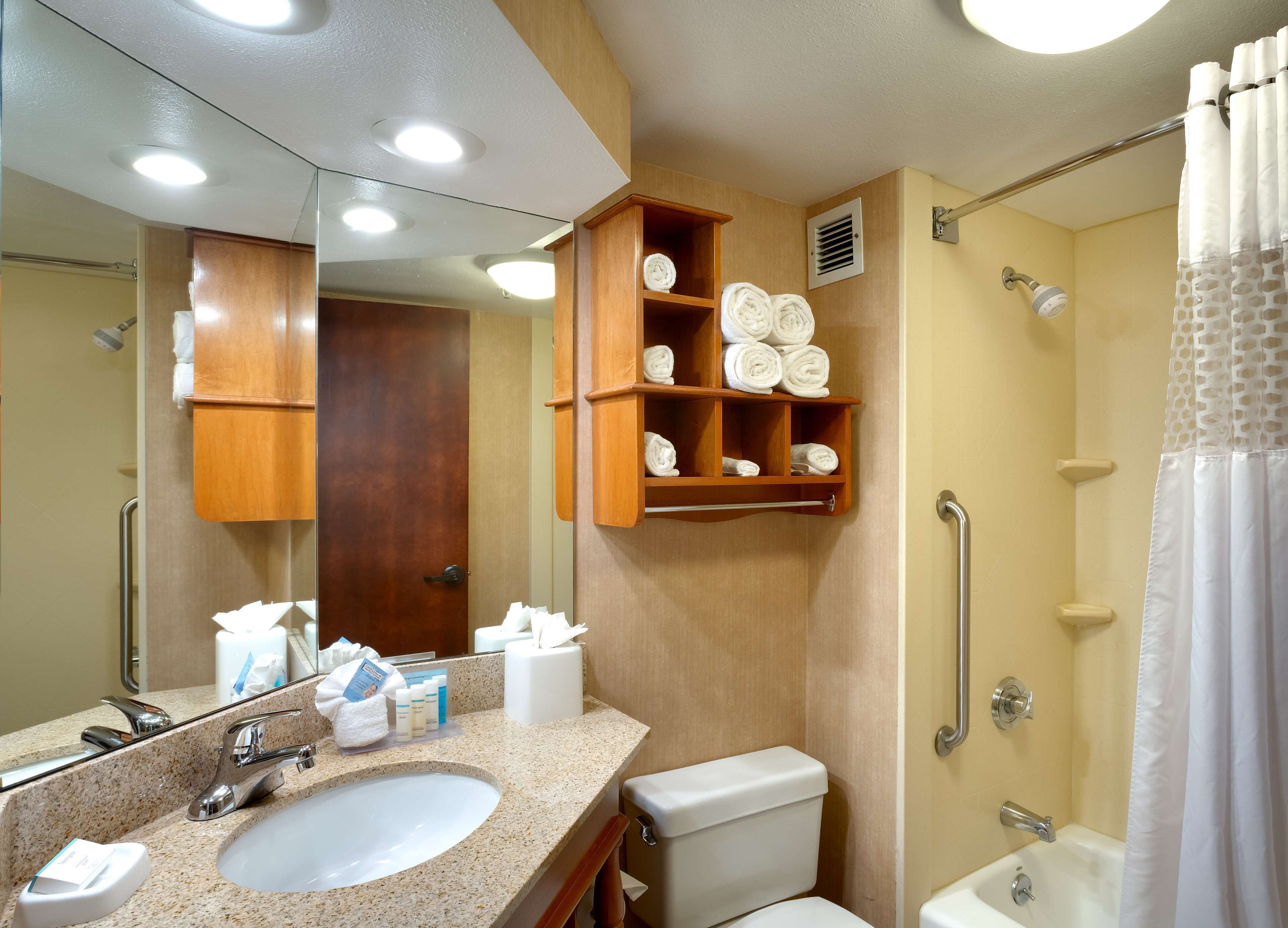 combined shower/bathtub, free toiletries, hair dryer, towels