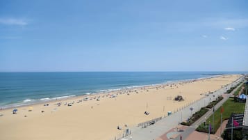 On the beach, white sand, sun loungers