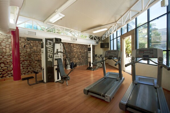 A gym with treadmills, weight machines, and a stone wall.