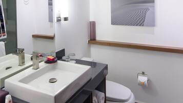 Eco-friendly toiletries, hair dryer, towels, soap
