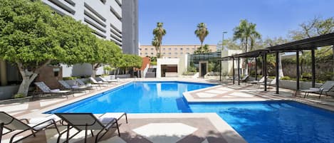 Outdoor pool, pool umbrellas, pool loungers