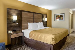 Habitación de hotel con una cama grande, cabecera de madera, lámparas de noche, mesita de noche con teléfono y un cuadro en la pared.